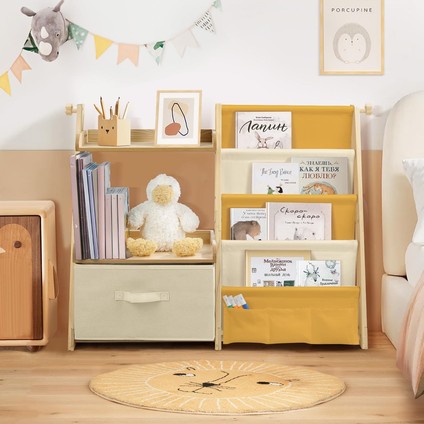 Kids Bookshelf and Toy Storage, Montessori Wooden Children Bookcase and Toy Organizer, 4-tier Toddler Sling Book Shelf with a Large Storage Box for Nursery, Bedroom, Playroom (Terrazzo)