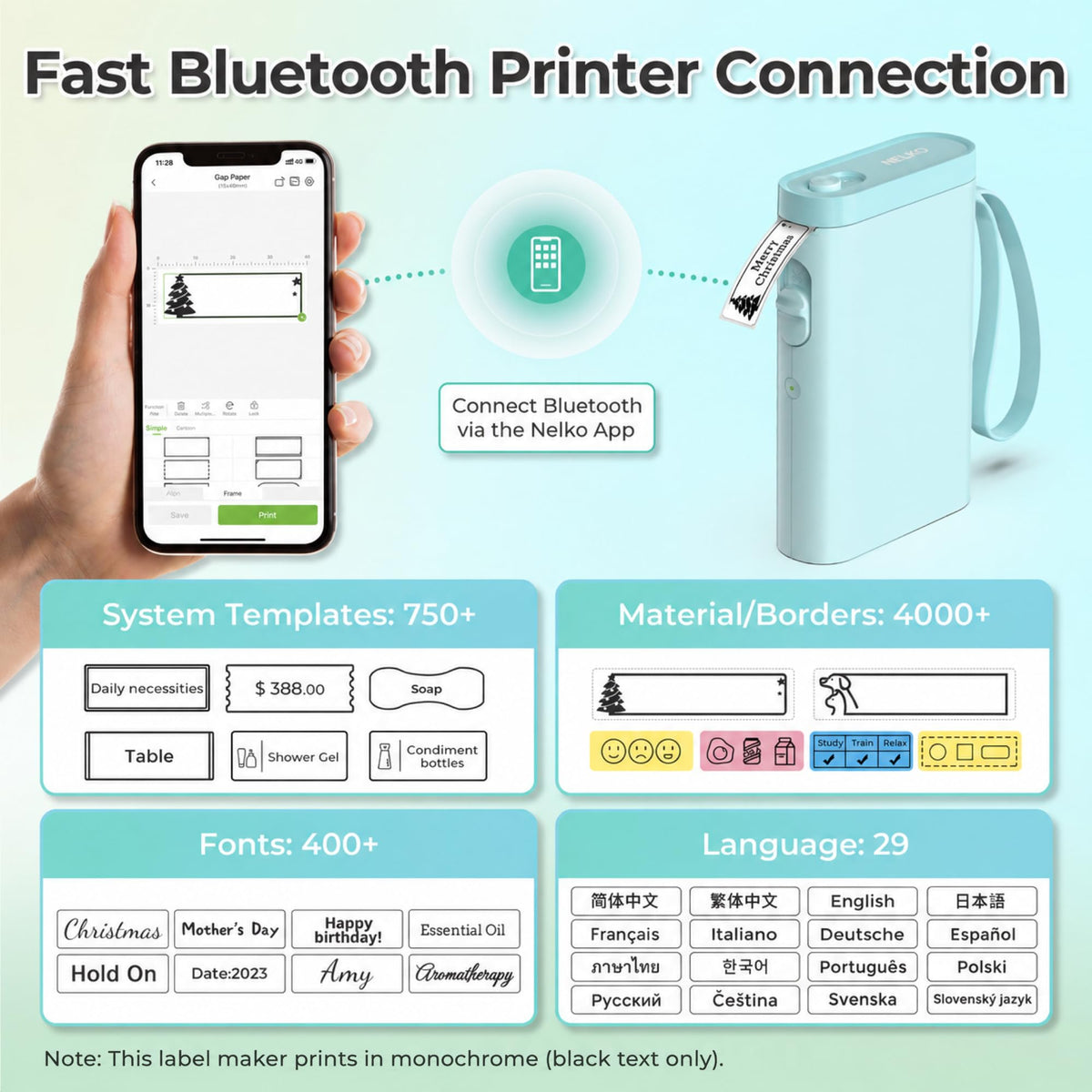 Nelko Label Maker P21 Portable Bluetooth Sticker Printer with Tape, Black