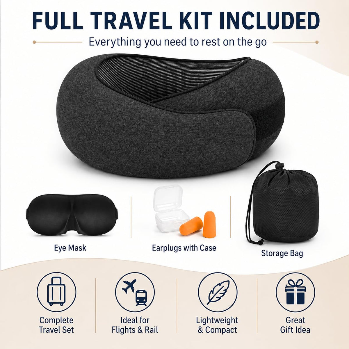 Memory Foam Travel Neck Pillow, 360° Support with Eye Mask&Earplugs