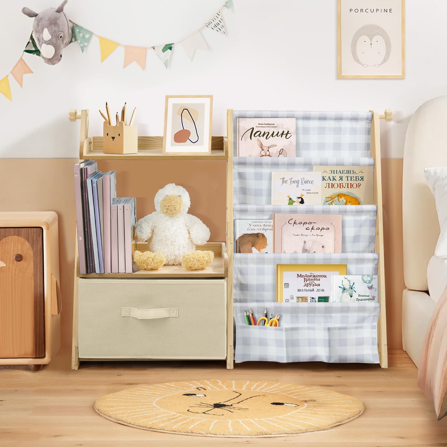 Kids Bookshelf and Toy Storage, Montessori Wooden Children Bookcase and Toy Organizer, 4-tier Toddler Sling Book Shelf with a Large Storage Box for Nursery, Bedroom, Playroom (Terrazzo)
