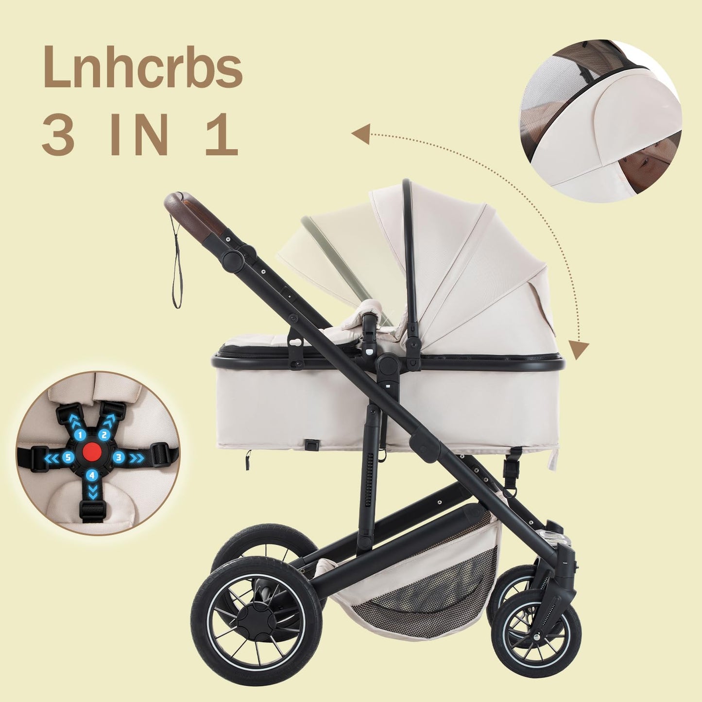 Baby Stroller 3 in 1,Travel Pushchair's Lie-Flat Pram is Foldable, Stroller System Handle is Adjustable, The Wheels are Made of PU Material, Suitable for 0-3 Years-Khaki