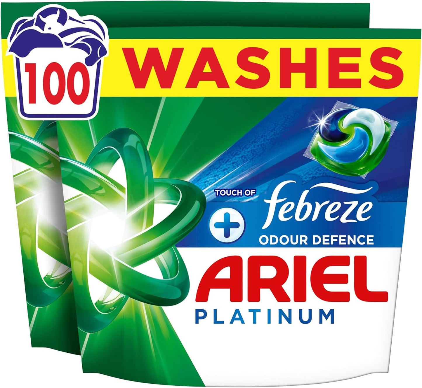 Ariel Platinum PODS®, Washing Liquid Laundry Detergent Capsules 100 Washes, +Touch of Febreze Odour Defence, Remove Even 7-Day Sweat Odours