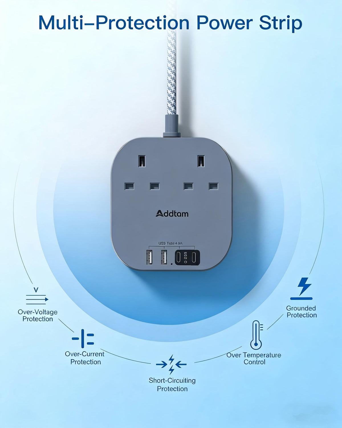 Addtam 3M Extension Lead with USB Slots, Power Strips with 2AC Outlets 4USB