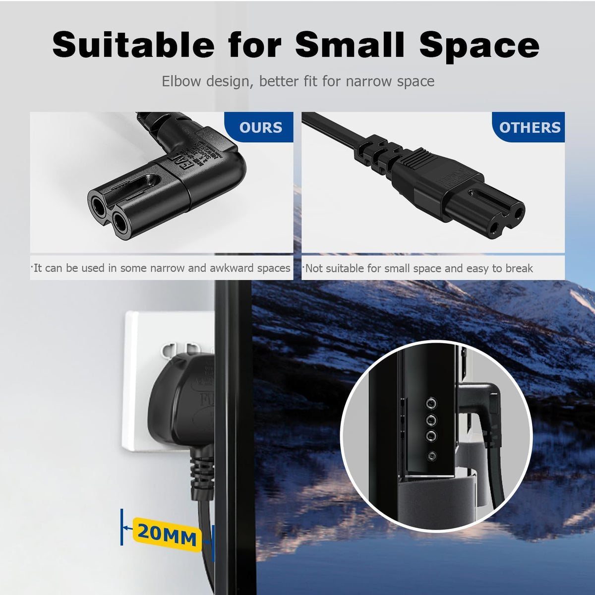 2M Power Cable Compatible with Samsumg TV, Mellbree Quality Safe Right Angle Suitable for Awkward Space Figure 8 Power Cable Compatible with Samsung, LG, Panasonic TV Black