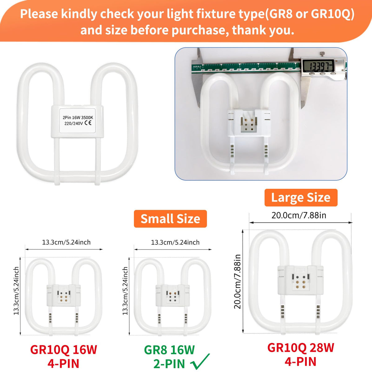 Akynite 16W 2D Square 2-Pin GR8 Cap Daylight White 6500k Compact Fluorescent Lamp, AC 230V, CFL 2 Pin Light Bulb, not dimmable, GR8 DD Flat Butterfly Bulb for Flush Ceiling Light, 1 Pack