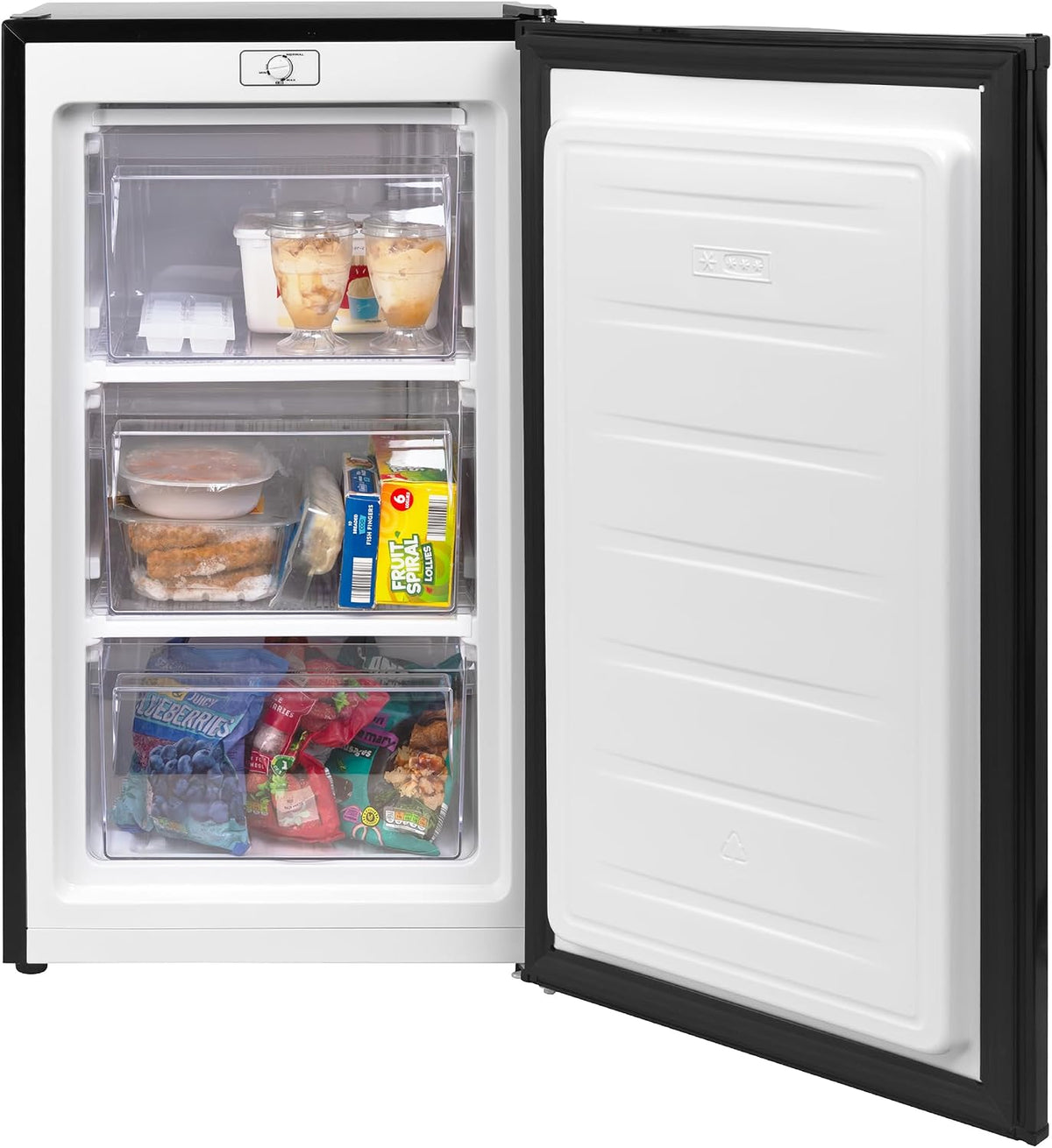 Russell Hobbs 60L Freestanding Undercounter Freezer in Black, 48cm Wide, 4-Star Freezer Rating, With Adjustable Feet & Reversible Door, Manual Temperature Control and 3 x Drawers, RH85UCFZ482E1B