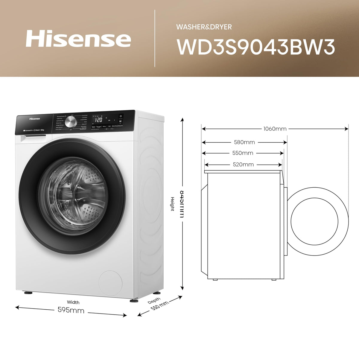 Hisense 3S Series WD3S8043BB3 Wifi Connected 8Kg and 5Kg Washer Dryer with 1400 rpm - Black - A-D Rated