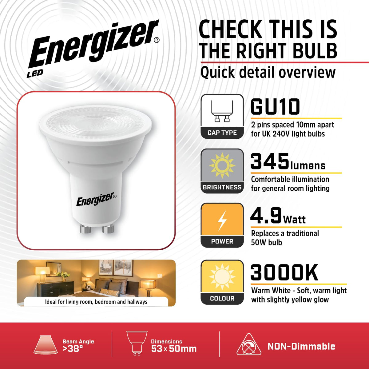 Energizer GU10 LED Bulbs Daylight White - 6500K 50W Halogen Spotlight Equivalent – 345LM - Non Dimmable. Pack of 5