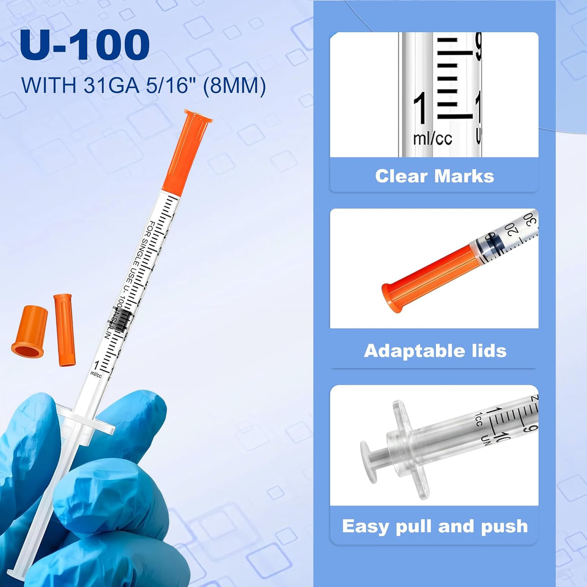 1ml Plastic 31G 8mm 20 Pack Measuring Dispenser, U-100 1cc