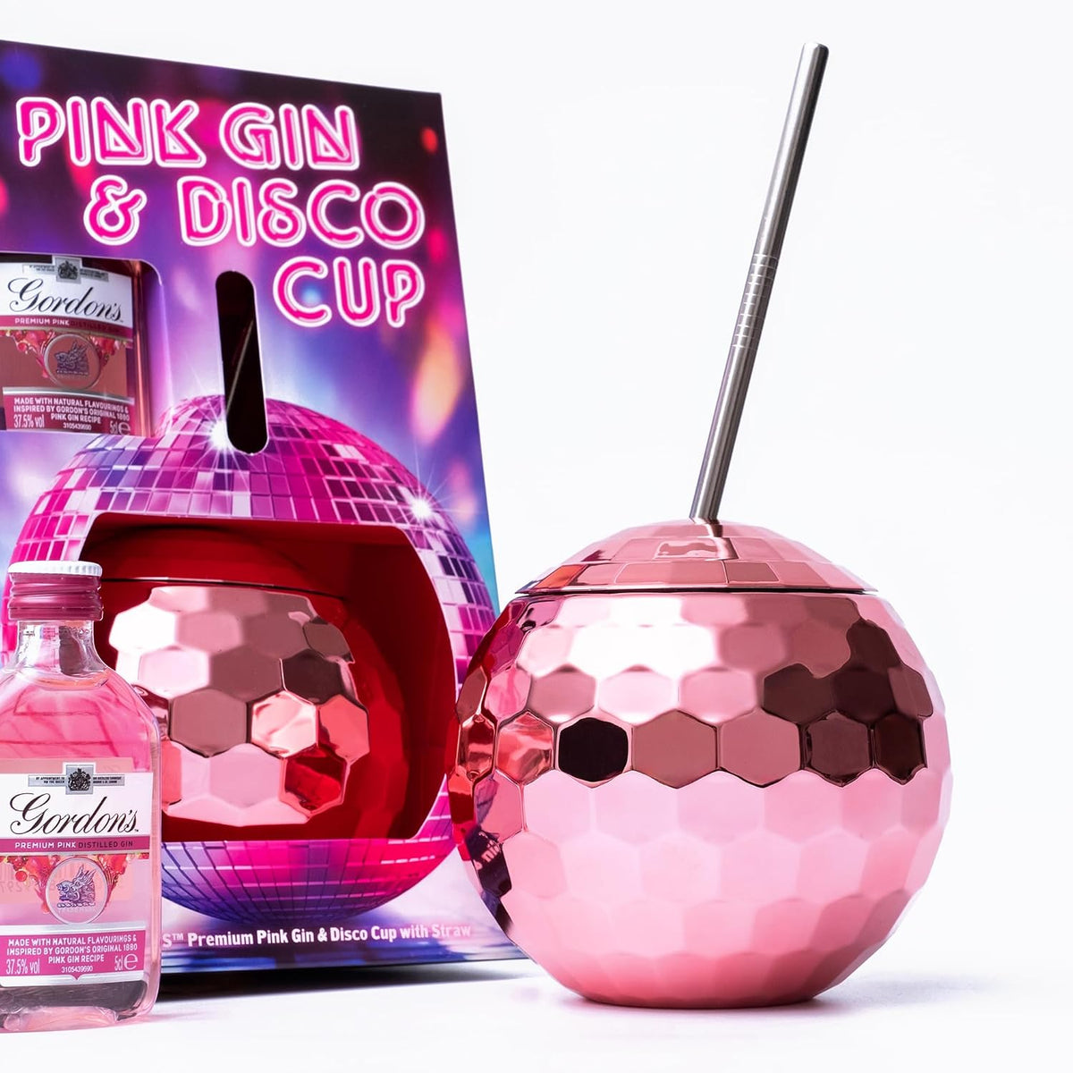 Pink Gin Gift Set, Gordon's Pink, Disco Ball Cup & Metal Straw