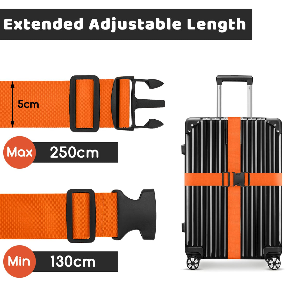 WISYOK Luggage Straps Extended, 4 Pack, 130-250cm Adjustable, Blue Orange