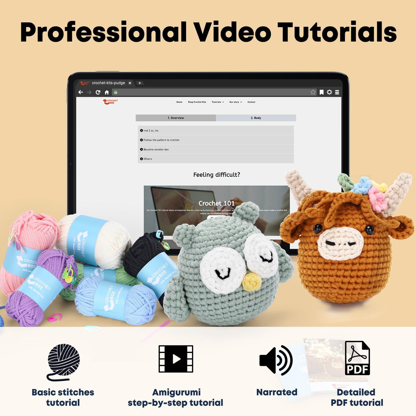 CROCHET BOX Complete Crochet Kit for Beginners - Highland Cow Crochet Kit, Include Video Tutorial, Instruction, Soft Yarn, Birthday Gift for Adults.