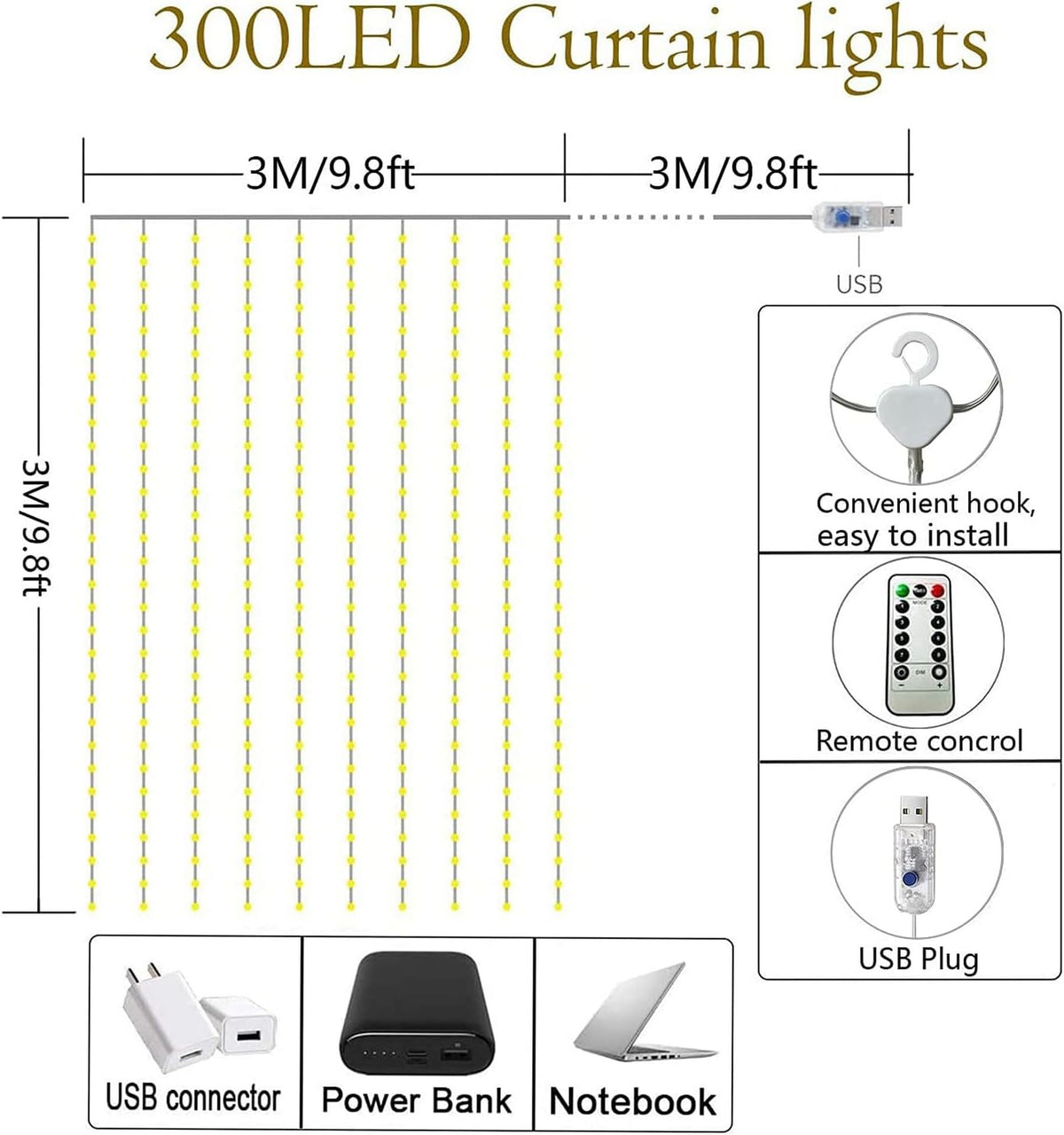 Lezonic Curtain Fairy Lights, 3m×3m 300LED Curtain String Lights Plug in