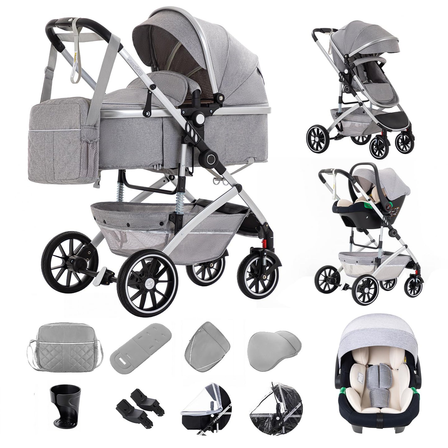 Gcarebb 3 in 1 Prams Travel System, Pushchair with Height Adjustable Handle, Travel Pram with Mosquito Net, Baby Stroller with Aluminum Frame for Newborn 0-4 Years