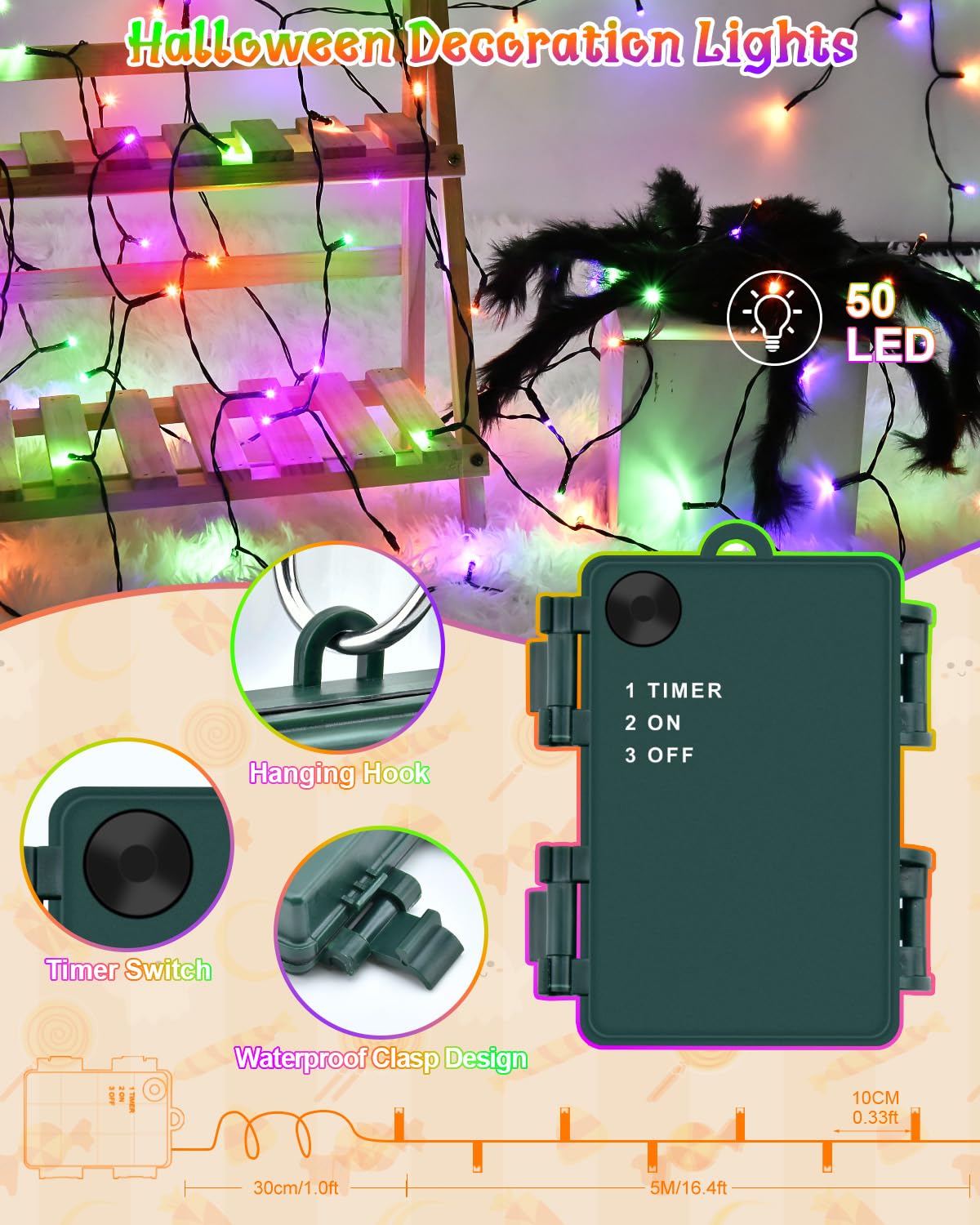 Dalugo Halloween Decoration Lights, 5M 50 LED Orange Purple White Fairy Lights with Timer, IP65 Waterproof Battery Powered Lights for Indoor Outdoor Autumn Halloween Decorations(Green Wire)