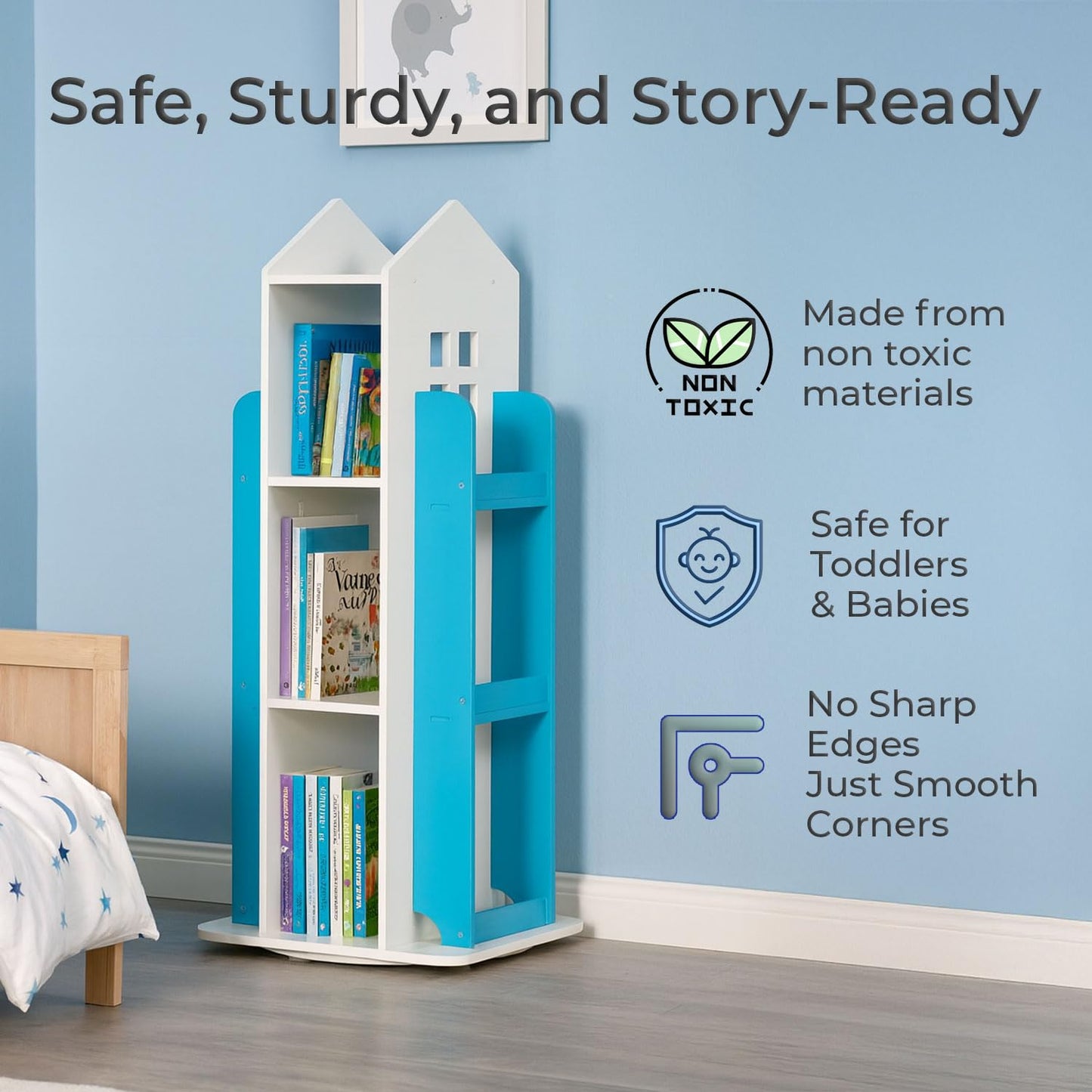 Neo House Shaped 360° Rotating Kids' Children's Freestanding Bookshelf Bookcase 10 Shelf Shelve Space‑Saving Design (White)