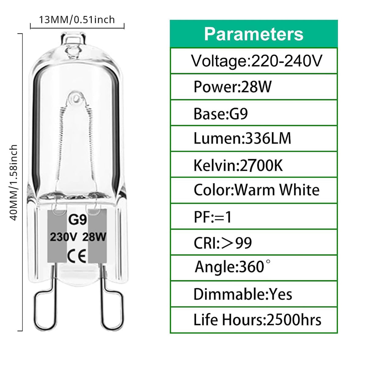 G9 Halogen Bulbs 33W, G9 Halogen Light Bulbs Warm White 2700K, Capsule Bulb Dimmable 230V for Ceiling Lights, Crystal Lamps, Chandeliers，Ovens, Microwave, Non Flicker,6 Pack