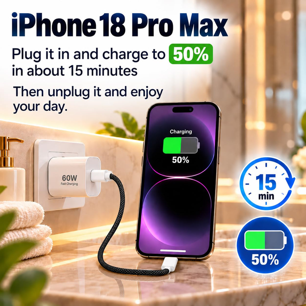 2 Pack 60W USB-C to C Fast Charging Charger Cable For iPhone 18 Pro Max 17e