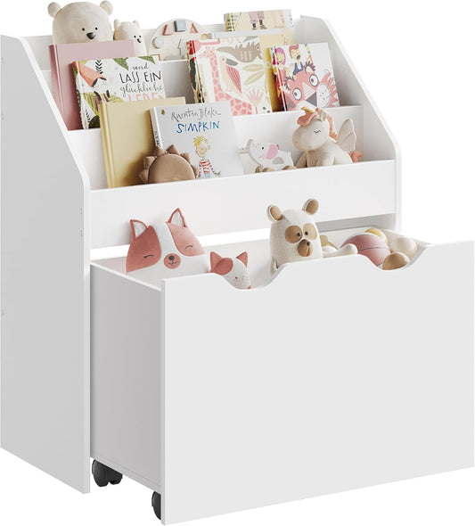 SONGMICS Kids Bookshelf and Toy Organiser, Toy Storage Chest and Bookcase with 3 Shelves, Storage Box with Wheels, Multipurpose, for Children's Room and Playroom, Cloud White GKR041W10