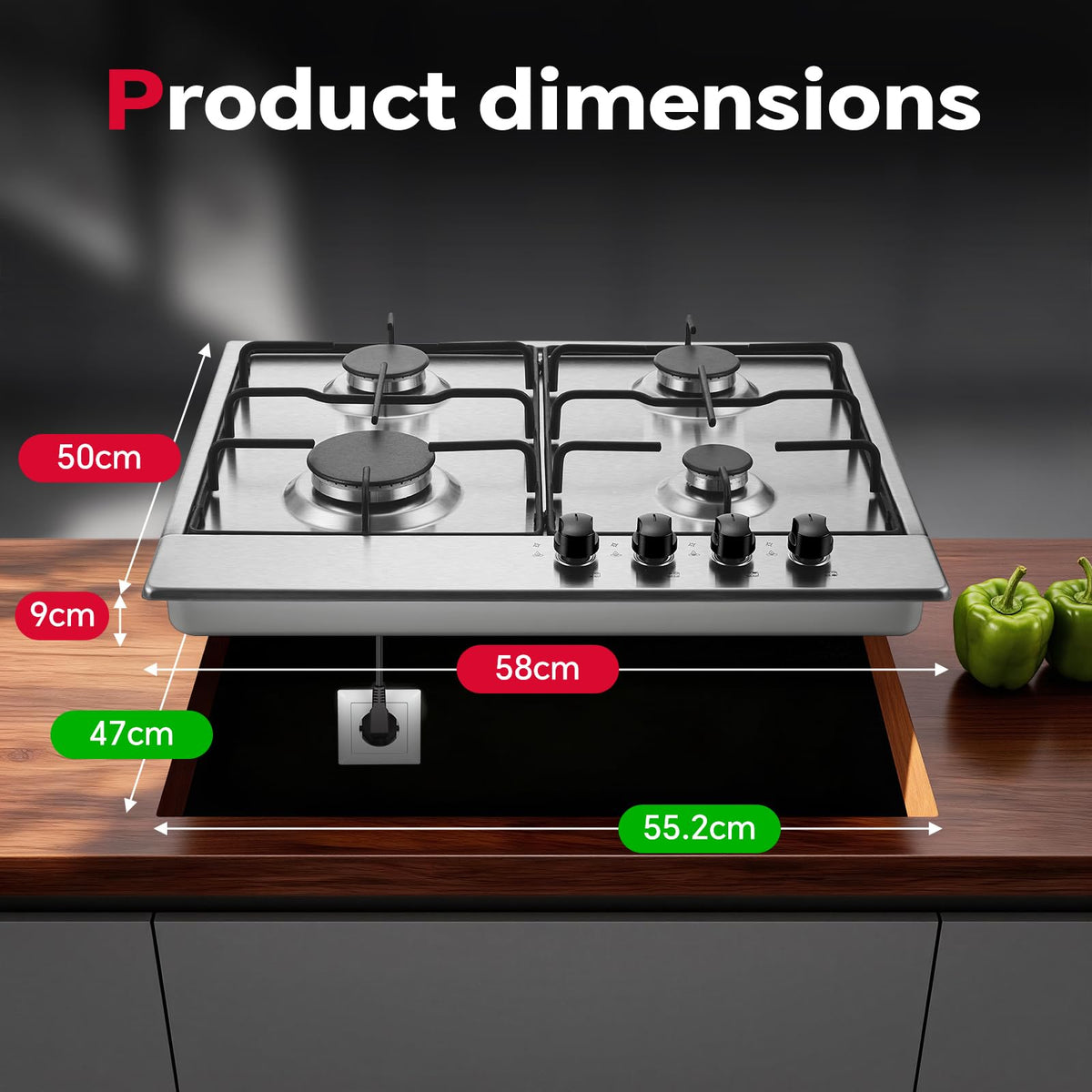 SNDOAS Gas Hob 4 Burners, NG/LPG Convertible, Built-in Black Glass Gas Hob with Wok Burner, Flame Failure Protection, 8000W, YYUKGCT-B04