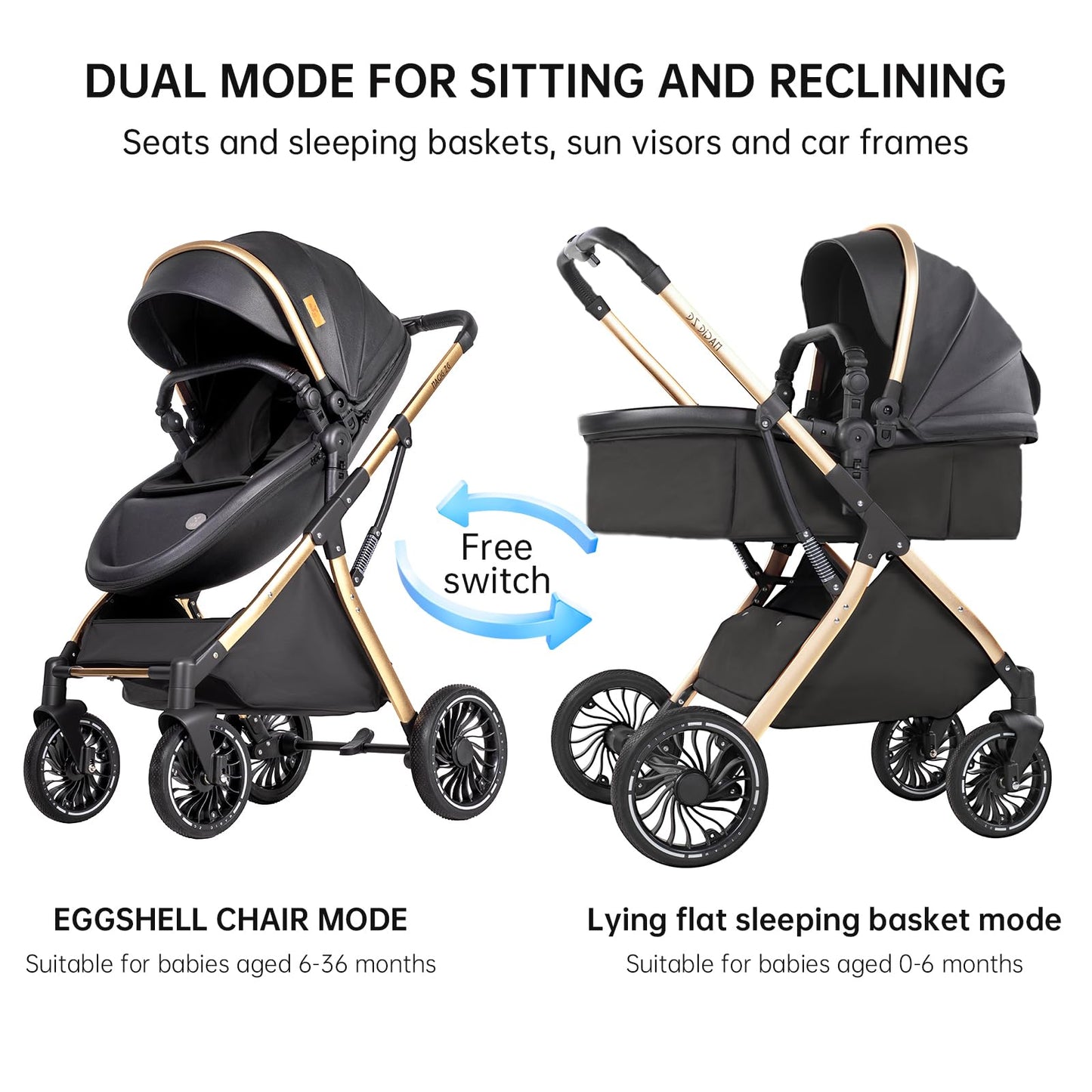 PU Leather 3 in 1 Pushchair Travel System, Toddler Stroller, Baby Pram 3 in 1, Infant Carriage with One-Click Folding, Newborn Buggy with Aluminum Frame (V6 Black)