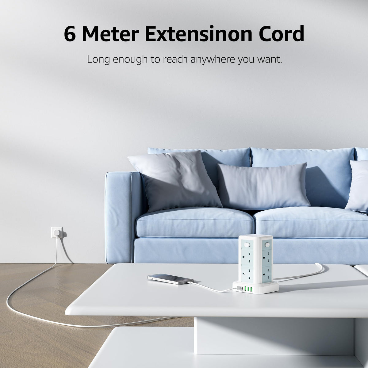 6M Tower Extension Cord with 6 USB Slots, Toomke 8 Way Extension Sockets with 3 USB A and 3 USB C, Tower Plug Extension with 4 Independent Switches 13A 3250W
