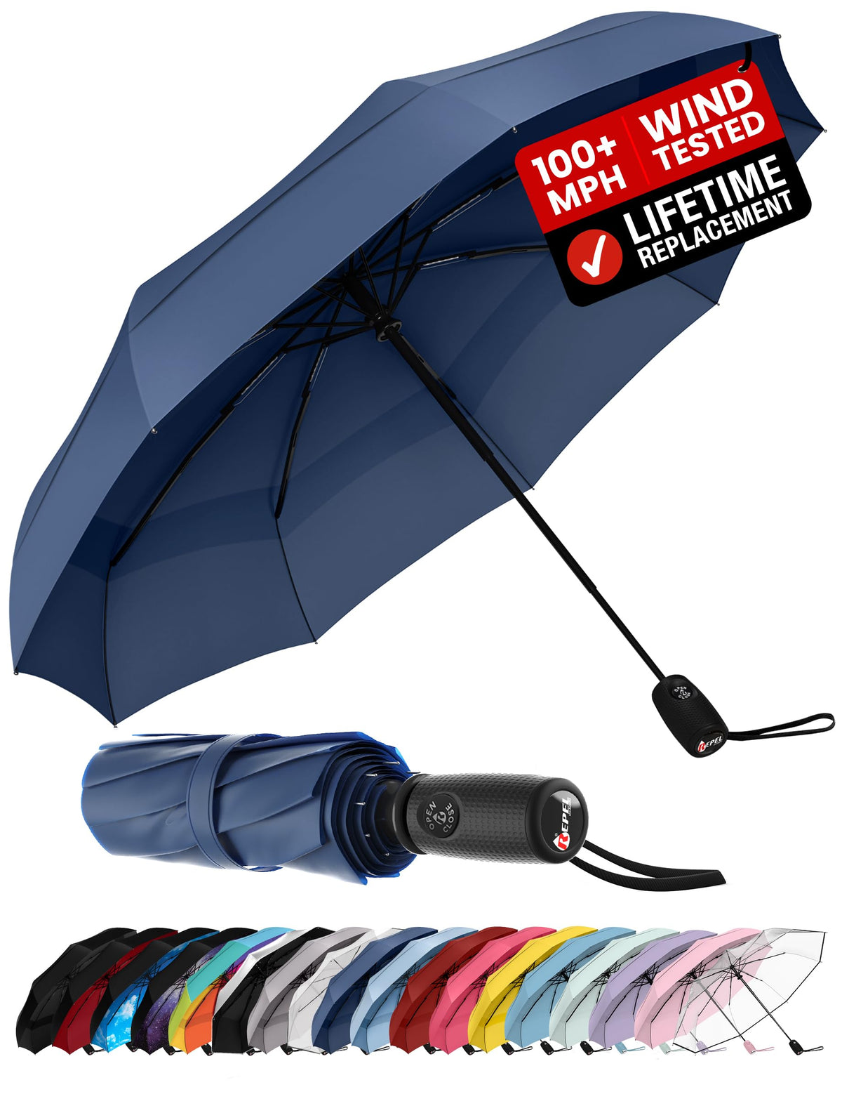 Repel Windproof Travel Umbrella - Compact & Withstands Winds up to 100MPH, Strongest Premium Auto Folding Umbrella for Rain and Sun - Durable, Light & Portable for Women & Men, Fits Backpack & Cars
