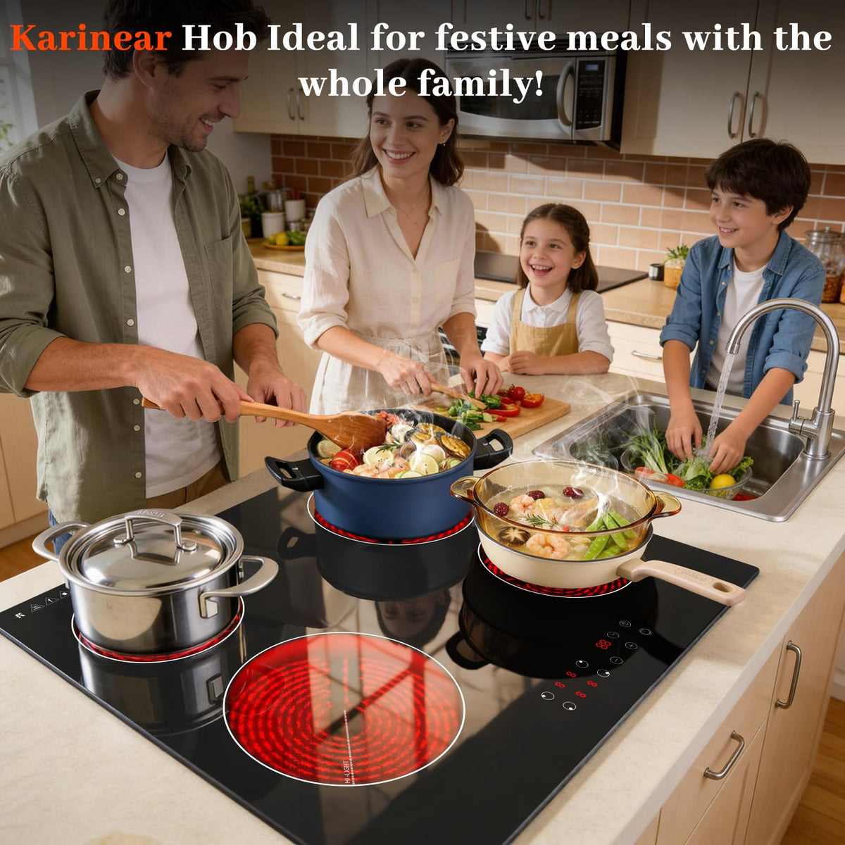 Karinear Electric Ceramic Hob 60cm 4 Zones with Built-in Extractor Hood