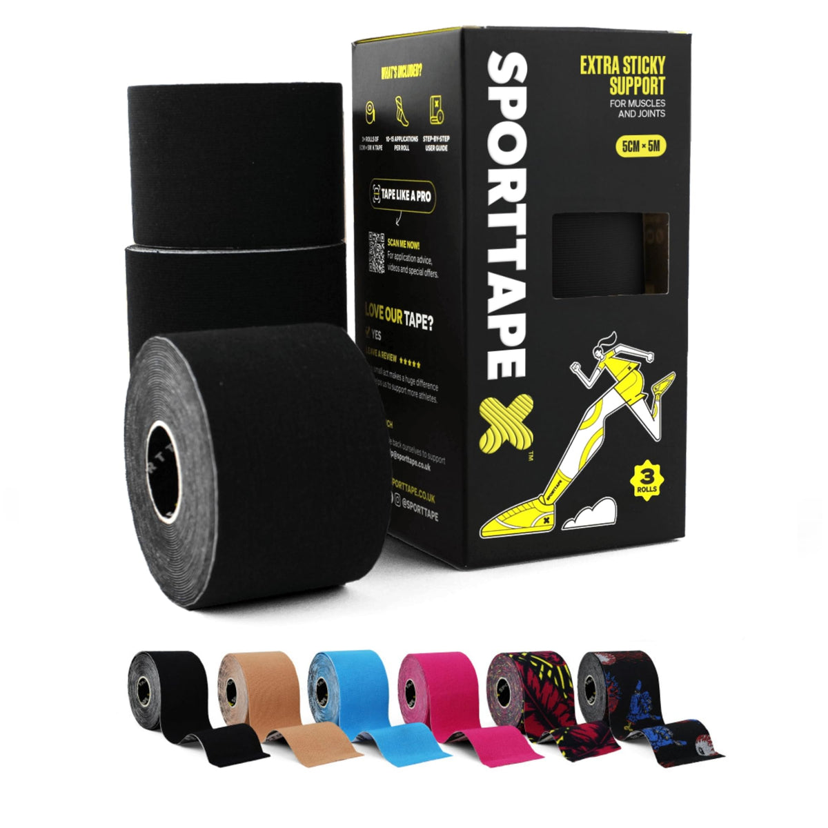 SPORTTAPE Kinesiology Tape, 5cm x 5m, Black - Waterproof, Hypoallergenic