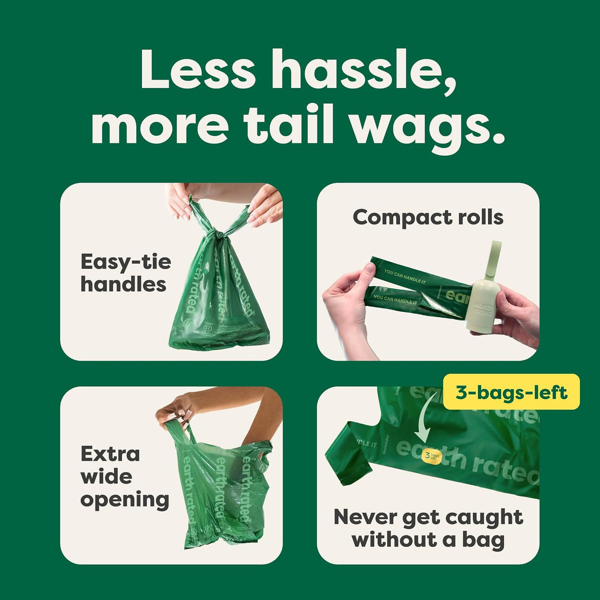 Earth Rated Dog Poop Bags with Tie Handles on Refill Rolls, Extra Wide, Easy-Tie Opening, Guaranteed Leak-Proof, Lavender Scented, 105 Count