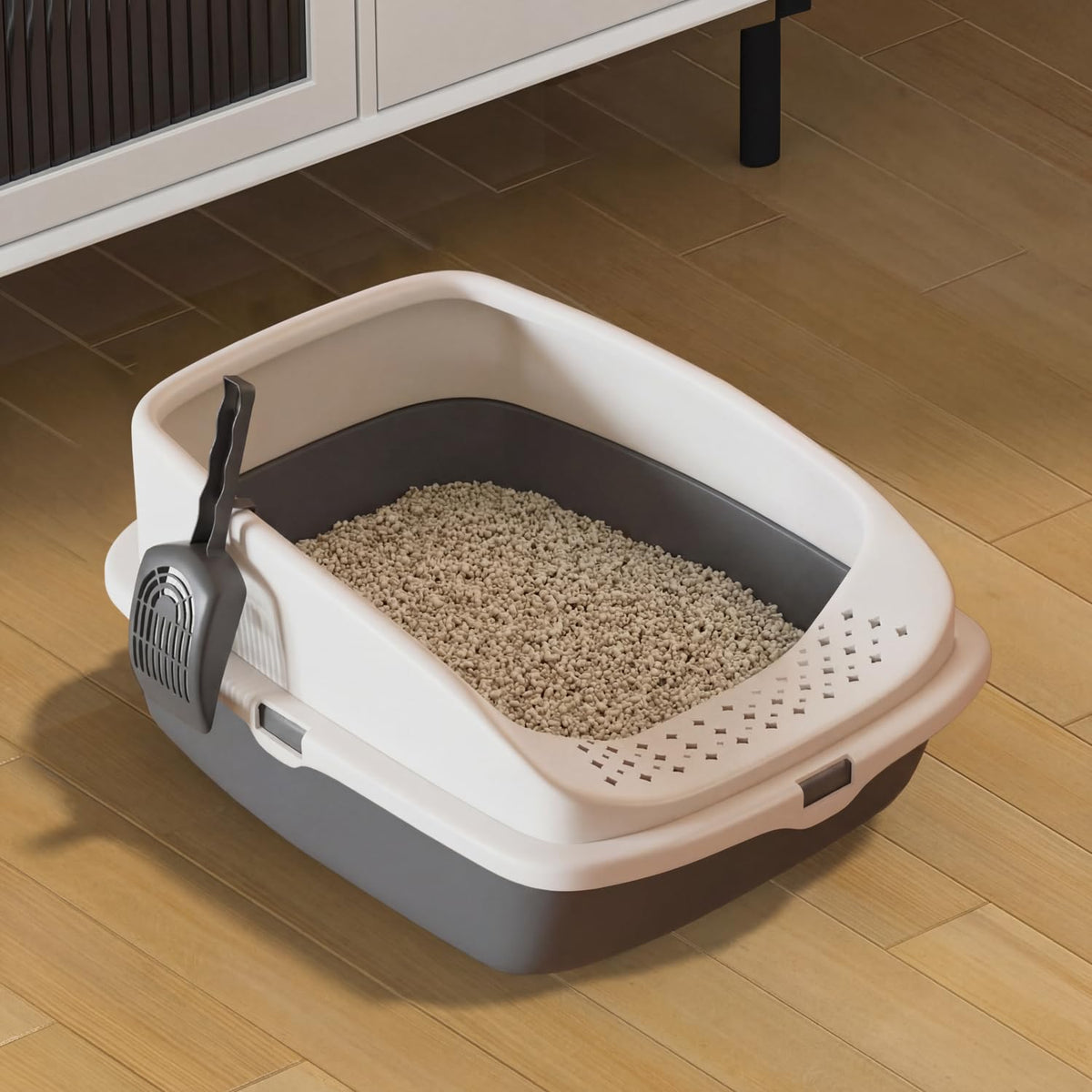 Cat Litter Tray Box, Litter Box, Plastic Cat Open Top Litter Tray with Free Scoop Kitten Detachable Rim Easy Cleaning,49 x 38 x 23cm (Grey)