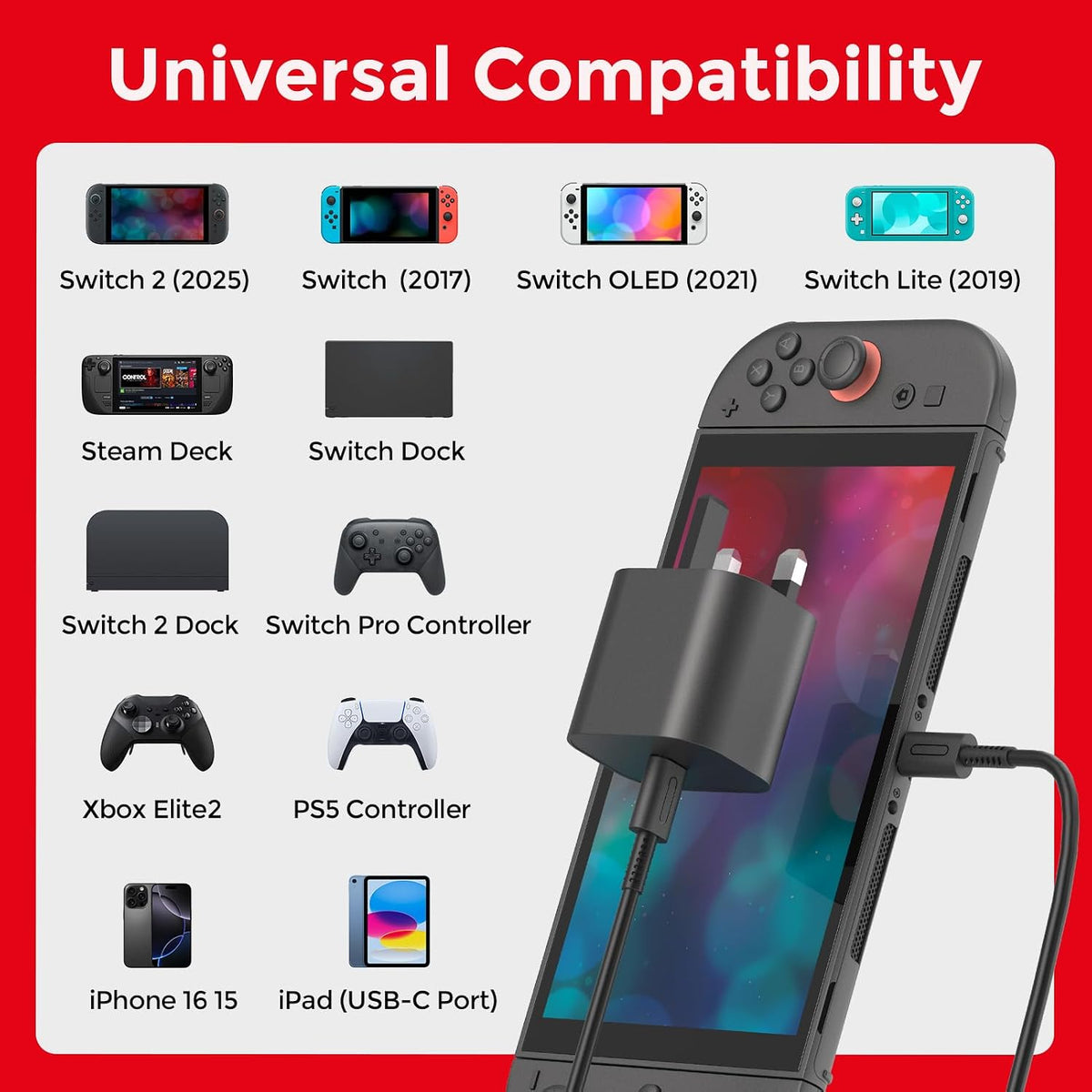 Charger for Nintendo Switch 2, 60W Fast Charging with 10FT/3M USB C Cable