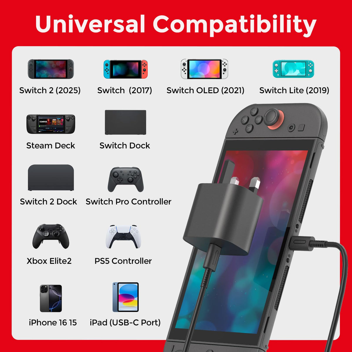 Charger for Nintendo Switch 2, 60W Fast Charging with 10FT/3M USB C Cable
