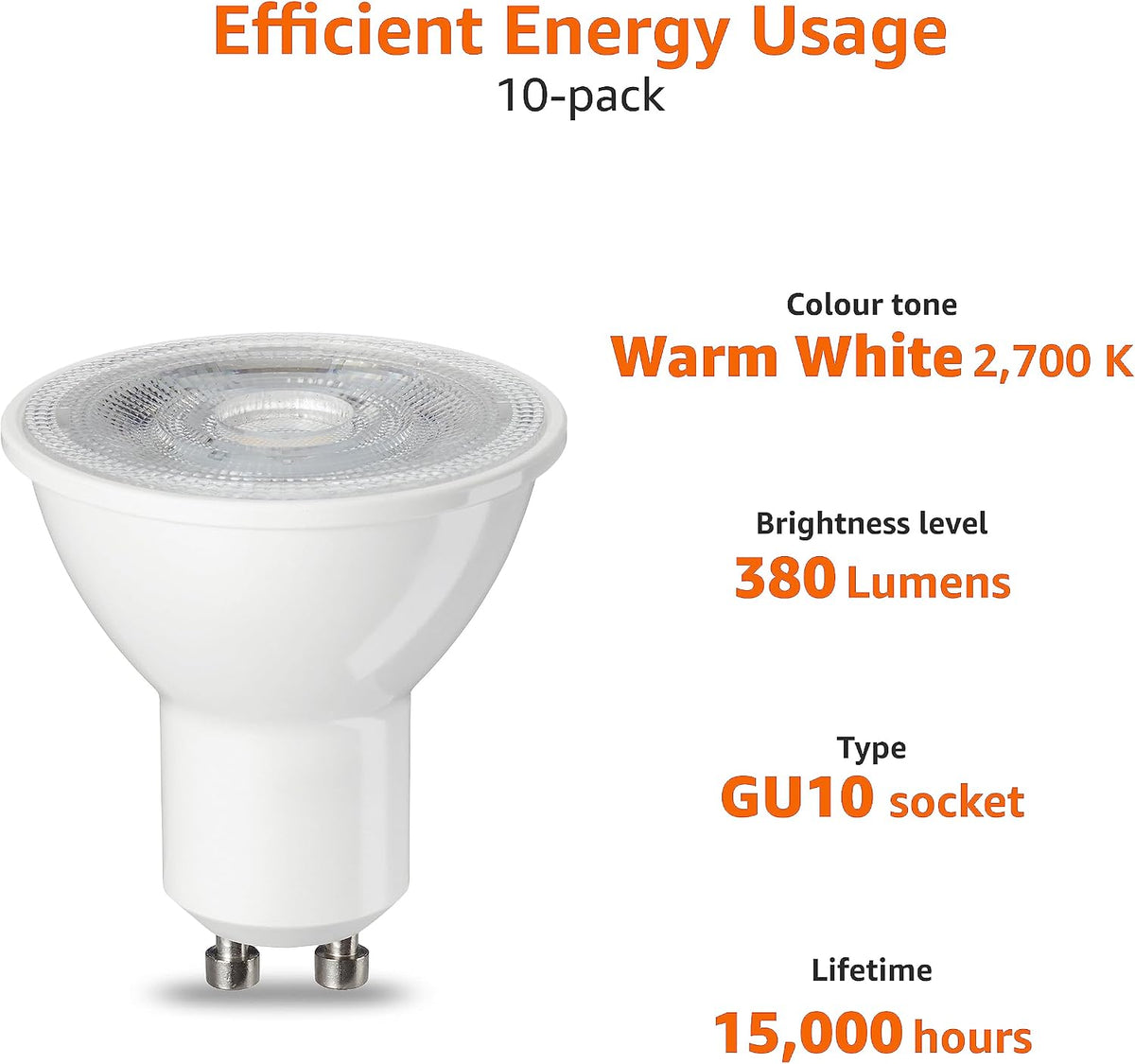 Amazon Basics LED GU10 Spotlight Bulb, 4.7W (equivalent to 50W), Warm White, Non Dimmable - Pack of 10