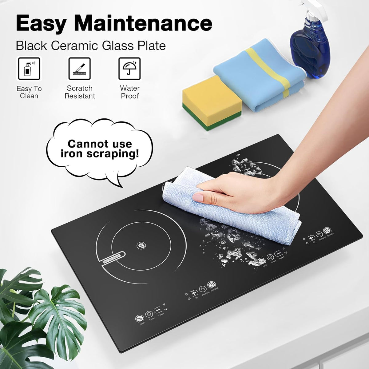 VBGK Portable Ceramic Hob, 2000W Portable Electric Hob, Electric Ceramic Hob, Single Cooking Zone with LED Display, 4-Hours Timer, Safety Lock, Residual Heat Indicator