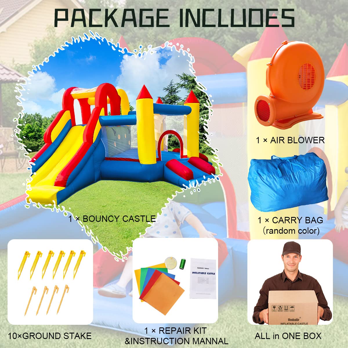 Baralir 7-in-1 Kids Inflatable Bouncy Castle with Blower — 371x351x188cm | Ages 3-10