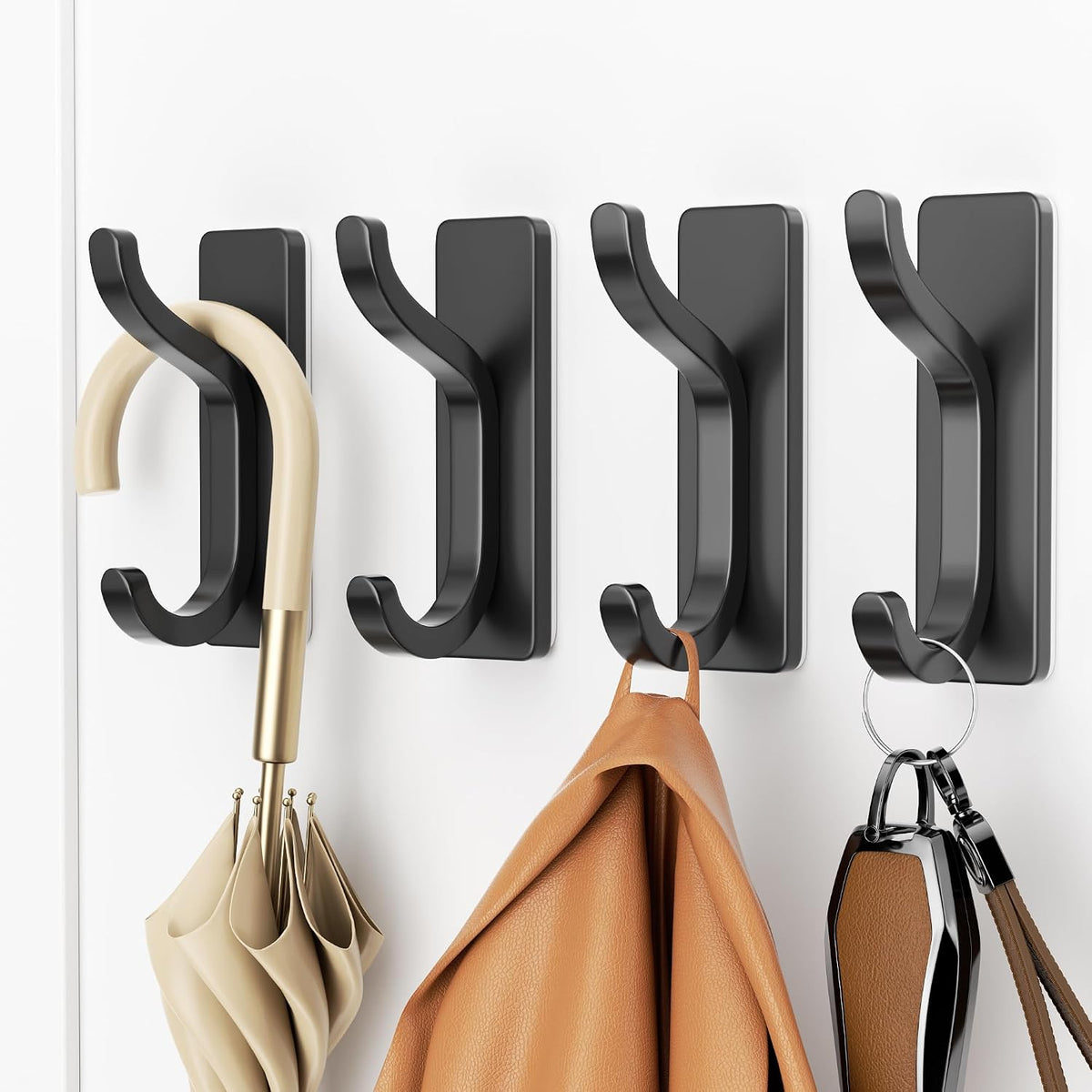 pickpiff Self Adhesive Hooks for Coat,8KG Stick-On Wall Hooks, Black 4 Pack