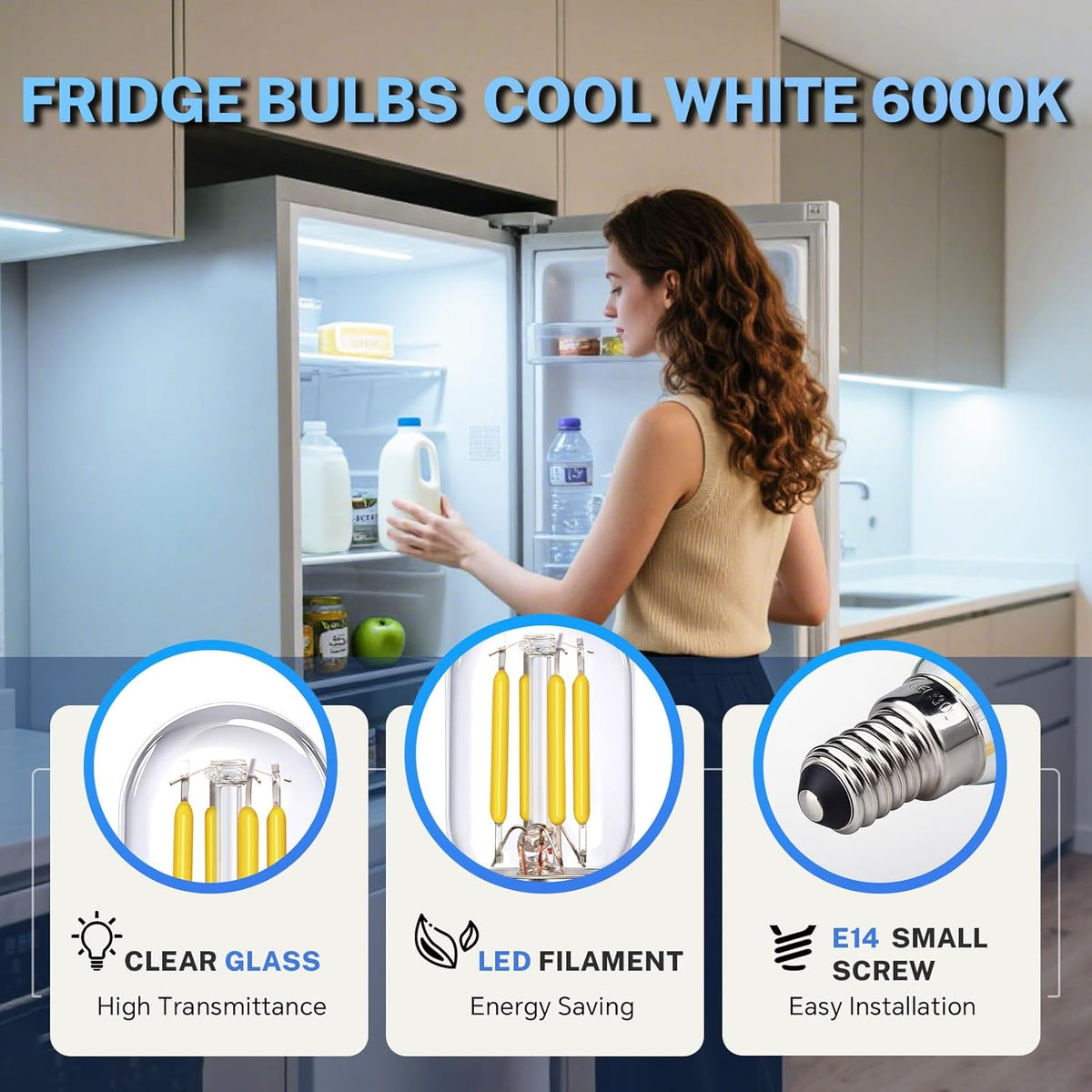E14 Cooker Hood Light Bulbs Cool White 6000K, 400LM, 230V, T25 LED 4W Replacement for E14 Tubular Bulb 40W 28W, Small Screw Extractor Fan Bulbs, ses Retro Filament LED, Not Dimmable, pack of 2