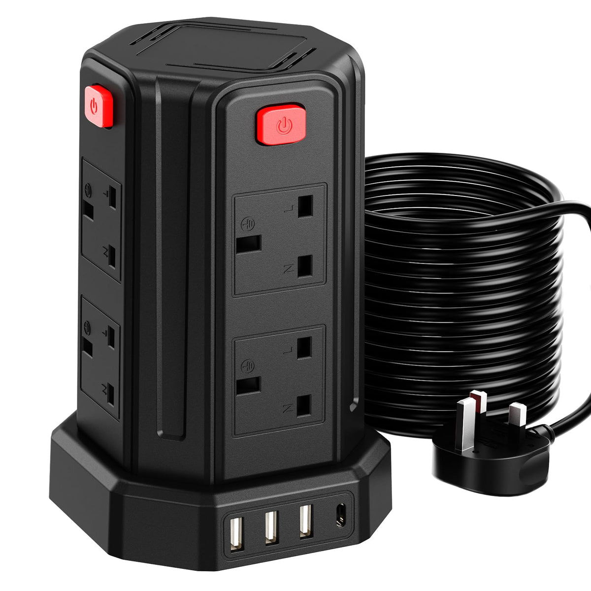 Tower Extension Lead 3M, 8 AC Outlets and 4 USB Ports Extension Tower