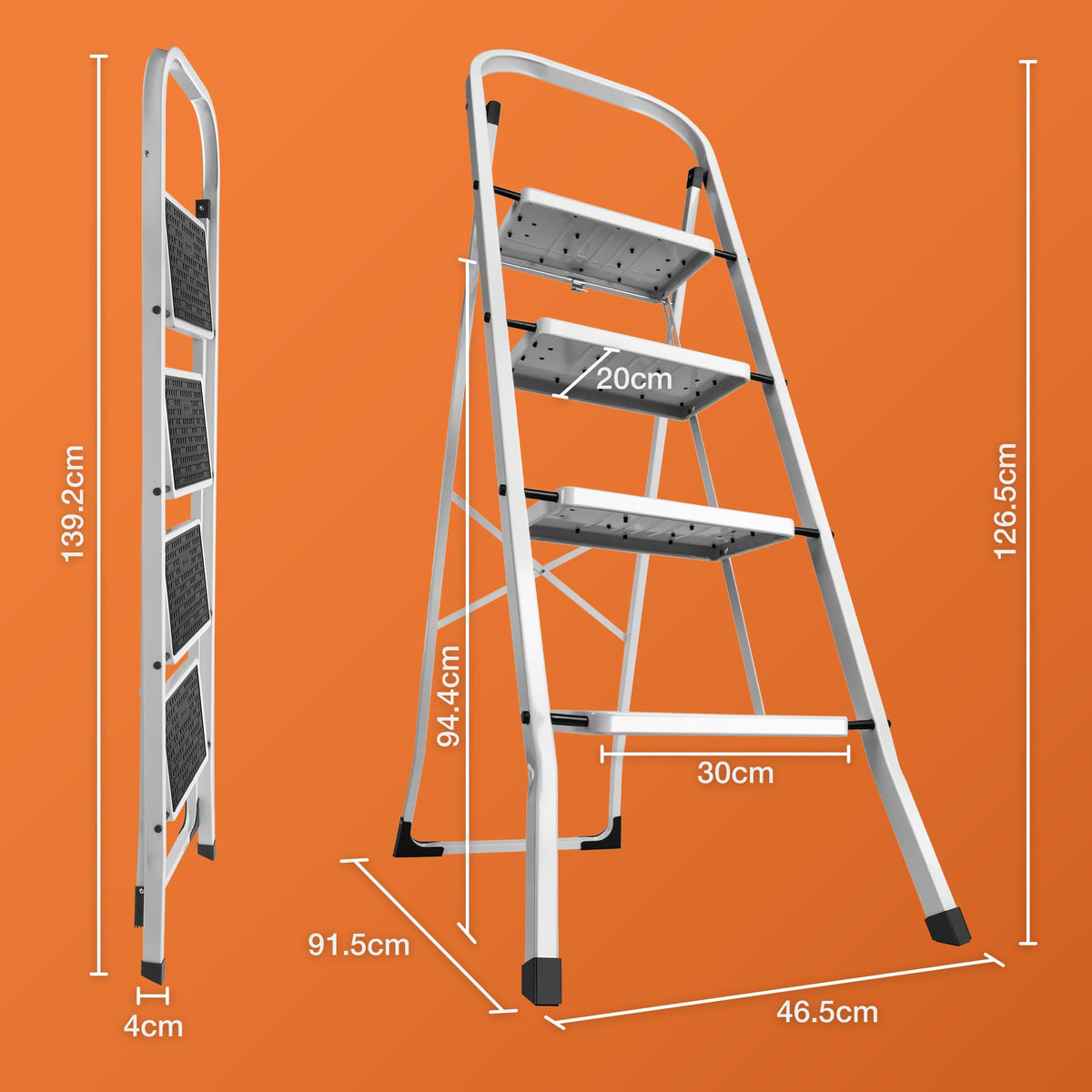VonHaus 3 Step Ladder – Premium Quality Folding Step Ladder for DIY and Gardening - Anti Slip Feet, Easy to Store Ladder, 150KG Max Capacity - Durable Steel