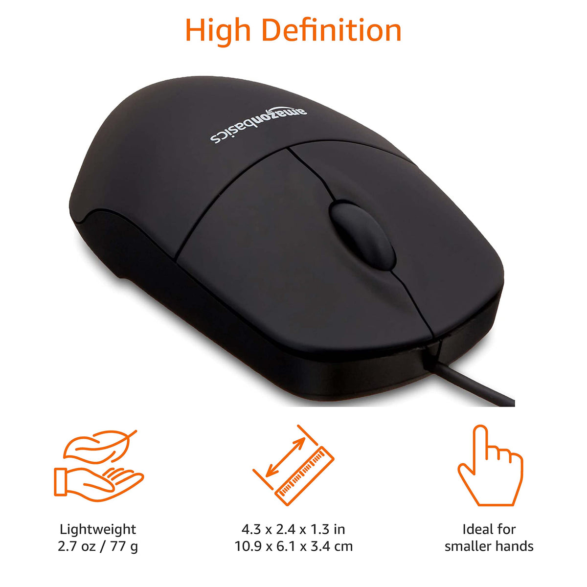 Amazon Basics Responsive and Precise 3-Button Wired USB Computer Mouse with Scrolling and Tracking, Single, Black