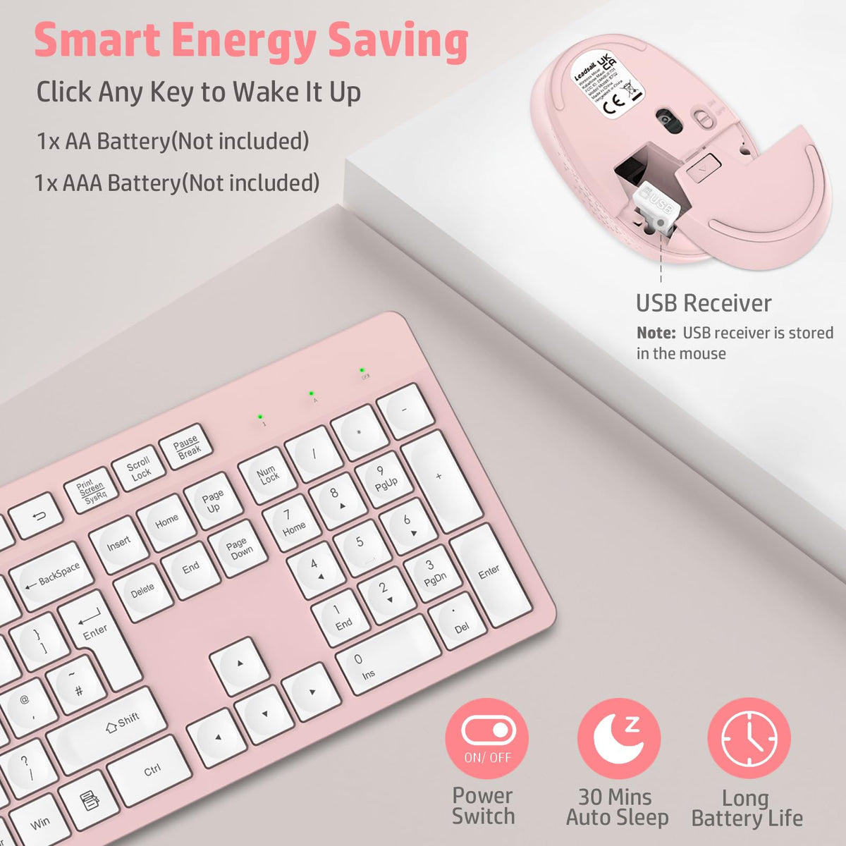 LeadsaiL Wireless Keyboard and Mouse Set, 2.4GHz USB Computer Keyboards and Mouse Combo, Full Size UK QWERTY Layout, Ergonomic Design with 12 Multimedia Shortcuts for HP/Lenovo Laptop and Mac-Purple