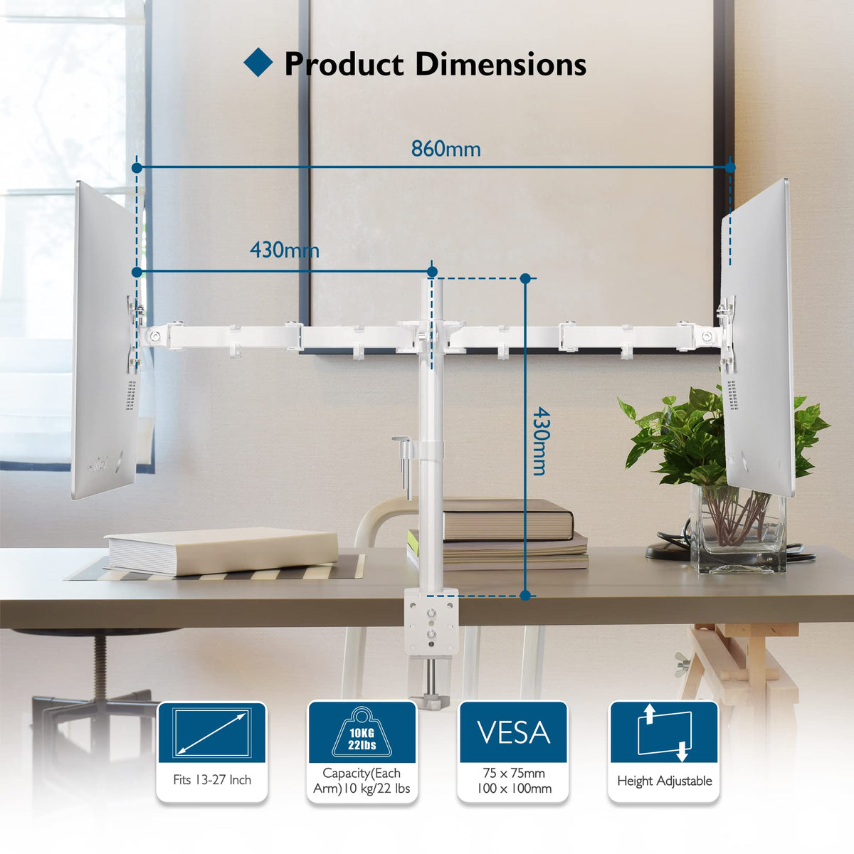 BONTEC Dual Monitor Arm Desk Mount for 13–27 Inch Computer Screens, VESA 75x75/100x100, Full Motion Adjustable Monitor Arm with 360° Rotation, Height Adjustable up to 430mm, Max 10kg per Arm, Black