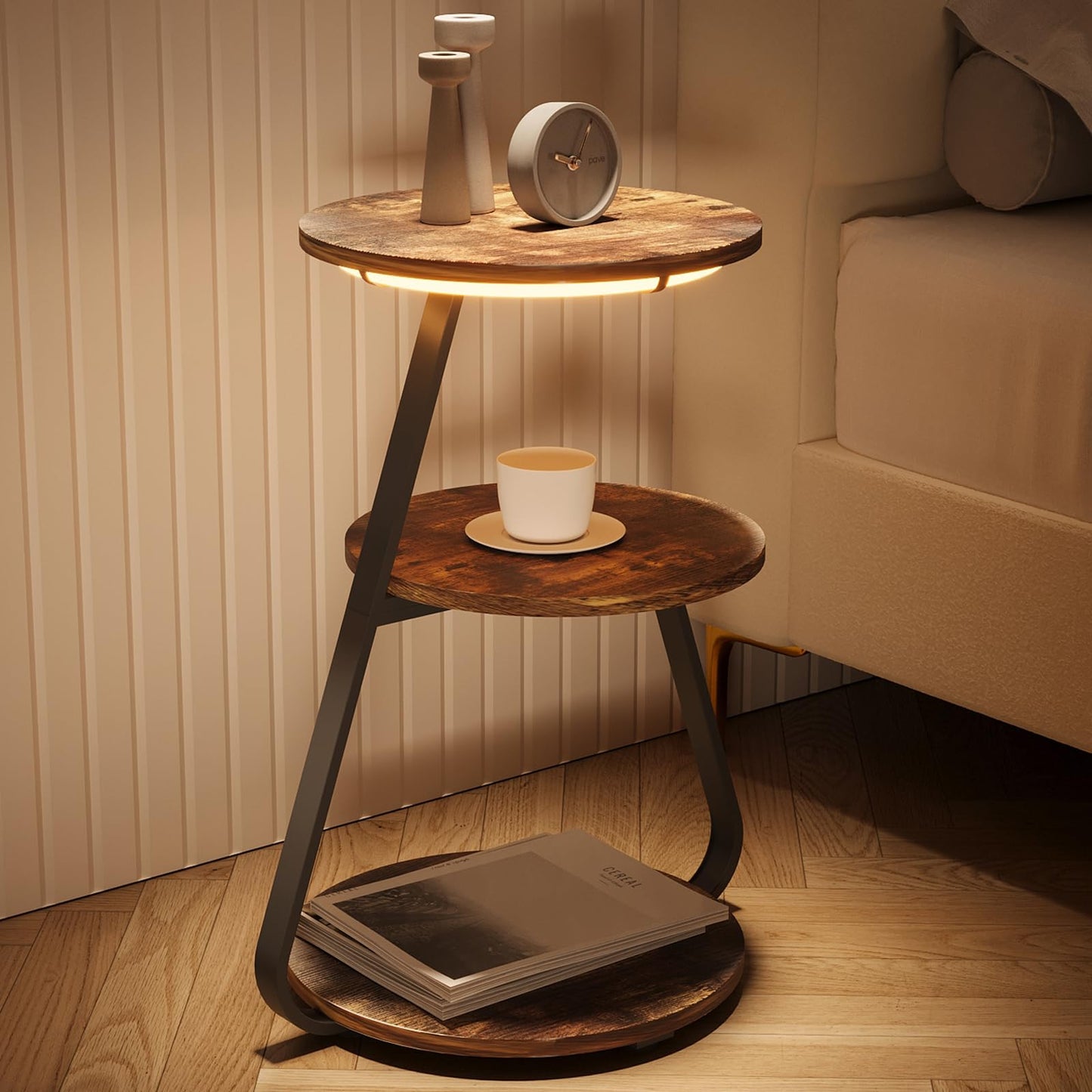 ARTETHYS Side Table, Small Round Coffee Table with 3 Color LED Lights, End Table with 3 Tier Storage Shelves, Bedside Sofa Side Tables for Living Room Bedroom, Rustic Brown