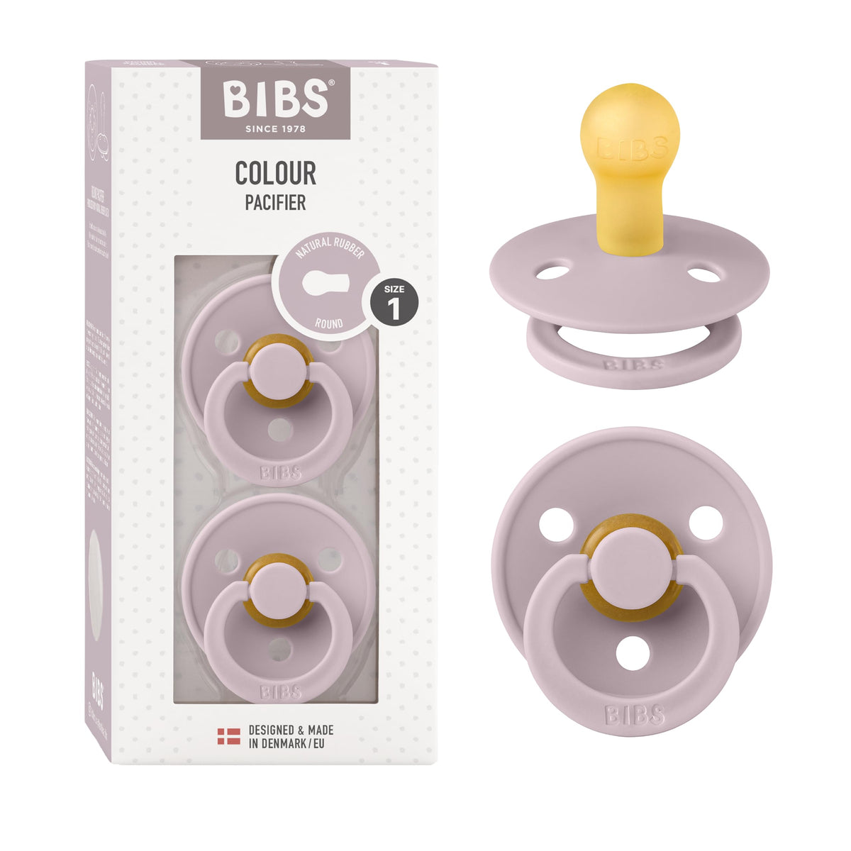 BIBS Colour Soother 2-Pack, BPA Free Dummy Pacifier, Round Nipple. Natural Rubber Latex, Made in Denmark, Size 2 (6-18 Months), Baby Blue