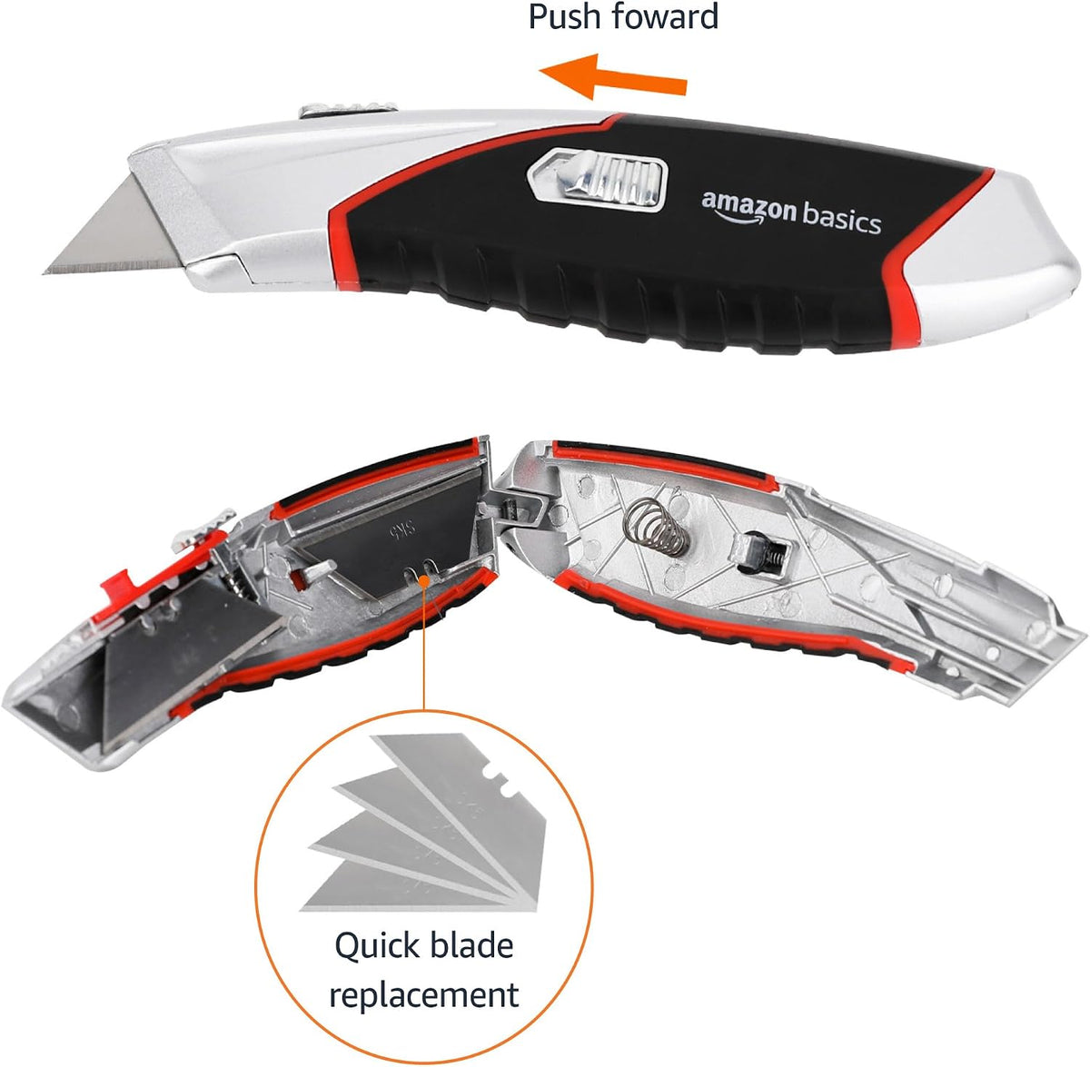 Amazon Basics Heavy Duty Retractable Auto-Load Ergonomic Utility Knife 3-Position Locking Blade with 4 Replaceable Blades in Designed Storage, Black/Silver