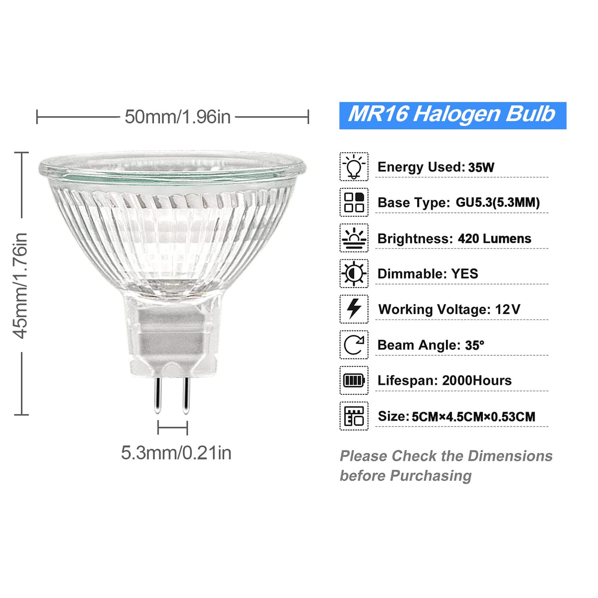 ETUOLMP MR16 Halogen Bulbs 12V 50W, Durable 6 Packs High Output Halogen Light Bulbs 2 pin GU5.3 Base for Landscape Lights, Track Lights, Ceiling Lights, Desk Lamps, Dimmable, 2700K Warm White