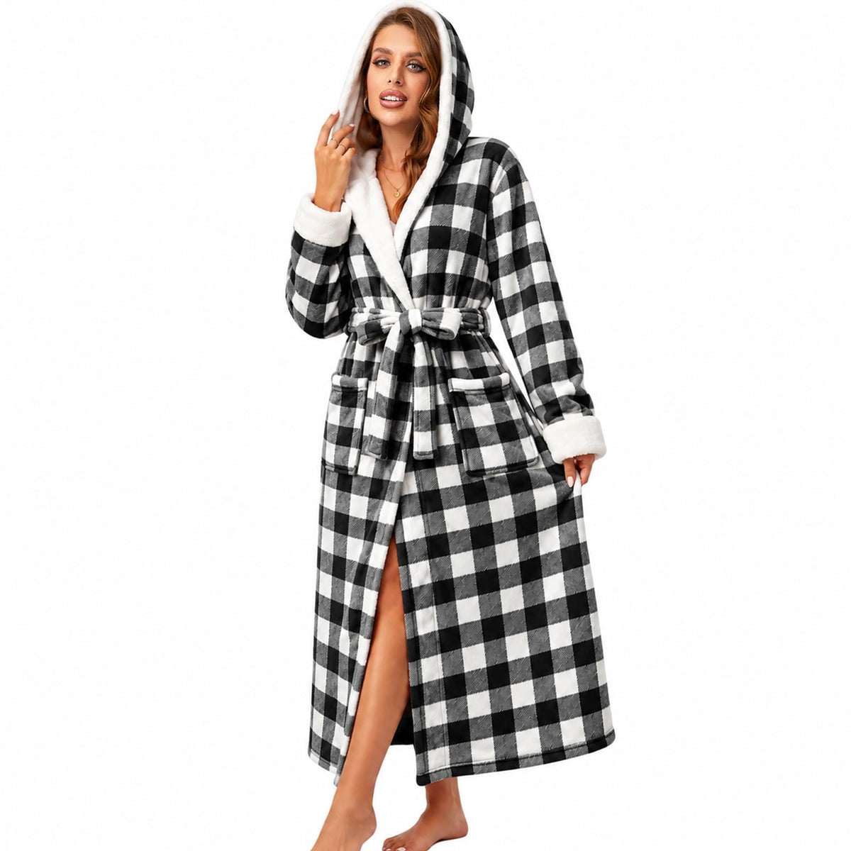 RONGTAI Womens Dressing Gown Fleece Plush Warm Long Hooded Robes