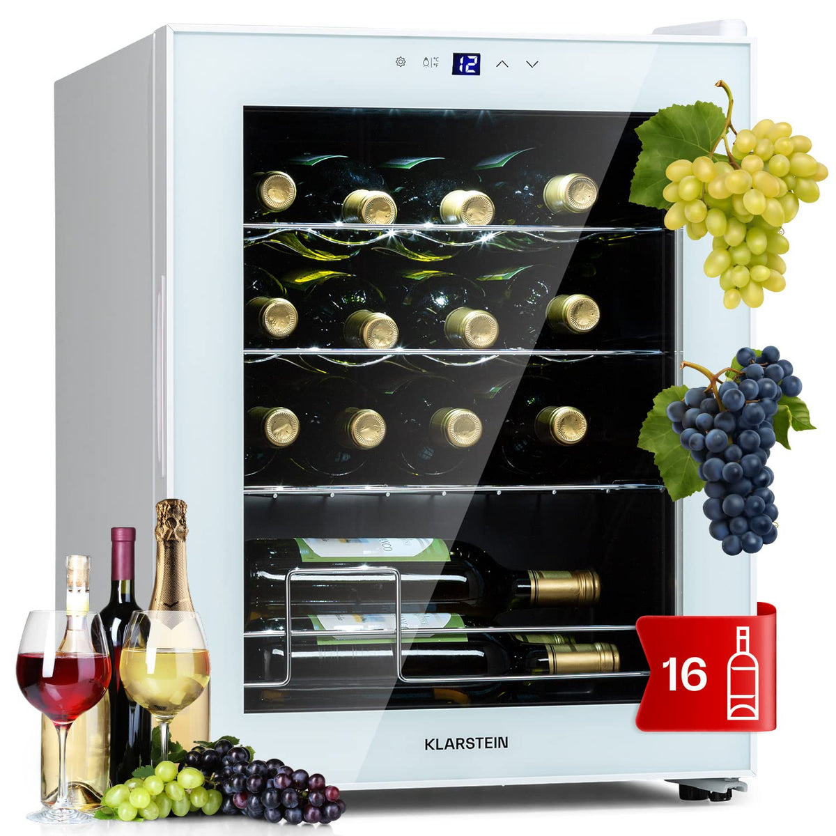 KLARSTEIN Shiraz Wine Cooler Black – 8 Bottles, 1 Zone | Freestanding Wine Fridge with Glass Door, Quiet, 5–18 °C, LED, Stainless Steel Frame