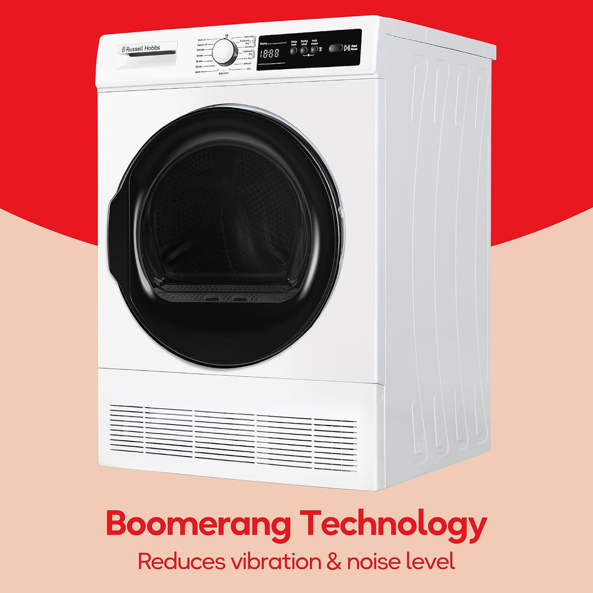 Russell Hobbs Freestanding Condenser Dryer Electric Tumble Dryer 15 Programmes 8kg Capacity 3 Heat Settings LED Display DelayStart Anti-Crease Child Lock Black Clothes Dryer RH8CTD111B